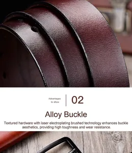 Close-up of brown leather belt texture and black alloy buckle with brushed finish