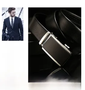 Close-up of business belt automatic buckle with lychee grain leather texture detail