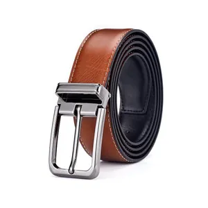 Brown lychee grain leather belt with white stitching and gunmetal needle buckle for men