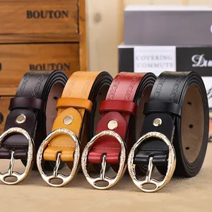 Vintage women's leather belts with geometric floral embossing and gold oval buckle in four colors