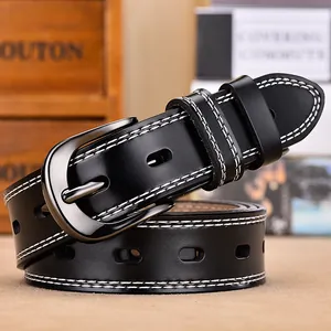 Women's Vintage Genuine Leather Belt With Contrast Stitching Alloy Pin Buckle Casual Waist Strap For Jeans Dresses Black Red Coffee