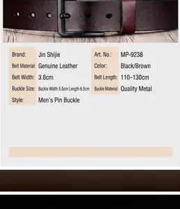 Detail view of leather texture and dimensions for men's pin buckle genuine leather belt