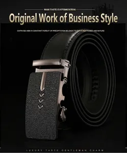 Close-up of black lychee leather belt with premium alloy automatic buckle detail