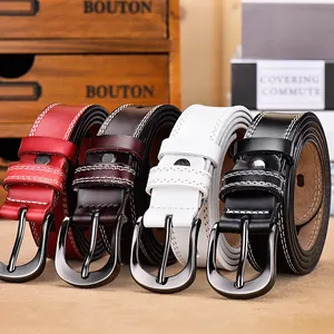 Genuine leather belts in four colors with white stitching and matte black buckle for women