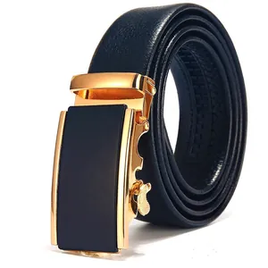 Men's Automatic Buckle Belt PU Faux Leather Ratchet Waist Strap Alloy Buckle Litchi Texture Business Casual Fashion Pants Belt