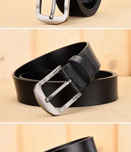 Detail of men's genuine leather belt with classic pin buckle and black lychee texture