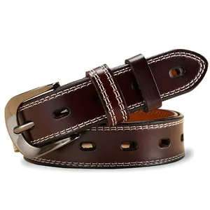 Vintage dark brown leather belt with white stitching and silver metal pin buckle