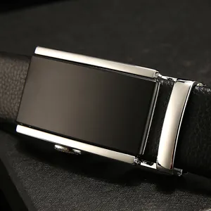 Men's business automatic belt with black lychee leather strap and silver metal buckle