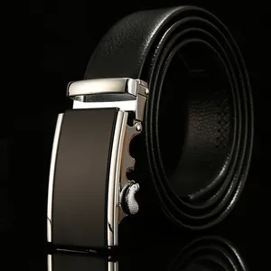 Men's business automatic belt in black textured leather with silver alloy buckle