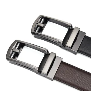 Men's automatic buckle leather belts in black and brown with textured metal buckle