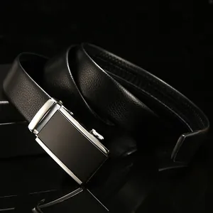 Men's business automatic belt in black litchi pattern leather with silver buckle