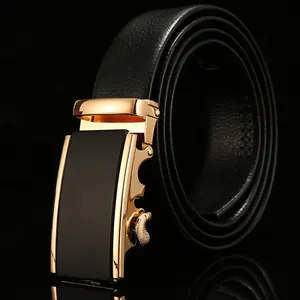 Men's business belt with black litchi texture PU leather and gold alloy auto buckle