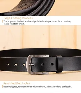 Detail of edge paint process and rounded holes on a black leather belt with silver pin buckle