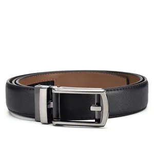 Detail of genuine leather belt with cross-grain texture and brushed automatic buckle