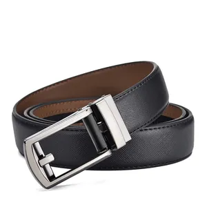Detail of black Saffiano leather belt with brushed silver automatic metal buckle