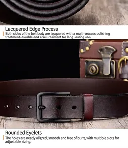 Detail of dark brown leather belt showing smooth edges and matte black metal pin buckle