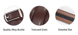 Detail view of premium brown leather belt featuring alloy buckle and textured finish