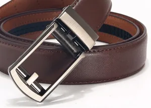 Close-up of dark brown genuine leather belt with brushed metal automatic buckle