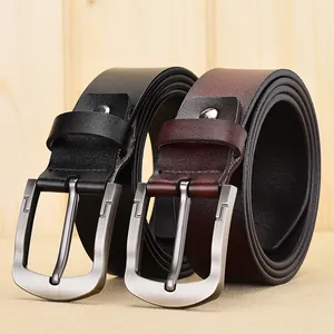 Men's leather belts in black and dark brown with brushed metal pin buckle closure