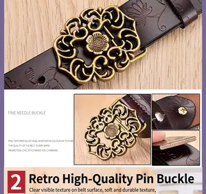 Detailansicht der Vintage-Ledergürtel mit geprägtem Blumenmuster und Bronzeschnalle aus Legierung