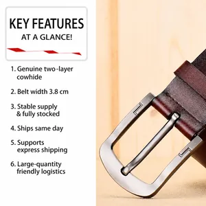 Men's dark brown leather belt with 3.8cm width and brushed metal pin buckle