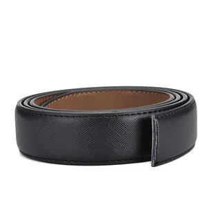 Detail of black Saffiano leather belt showing premium texture and fine stitching detail