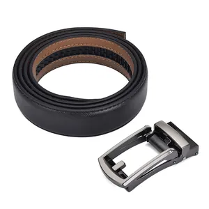 Detail of gunmetal buckle and black Saffiano leather belt with automatic sliding track
