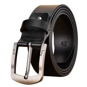 Classic men's genuine leather belt with a brushed metal pin buckle and size engraving