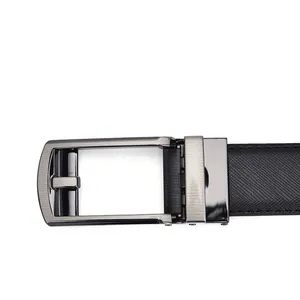 Close-up of premium black cross-grain leather belt with brushed gunmetal automatic buckle
