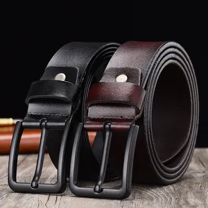 Classic men's genuine leather belts in black and dark brown with matte pin buckles