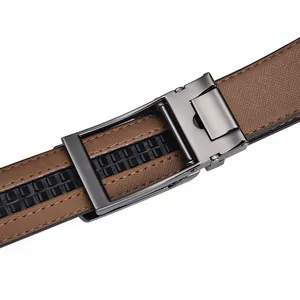 Detailed close-up of dark brown leather belt with woven texture and gunmetal buckle