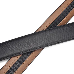 Close-up of Saffiano leather belts in black and brown with automatic ratchet track