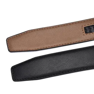 Macro detail of black and brown Saffiano leather belts with automatic ratchet tracks