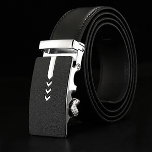 Men's Split Cowhide Leather Belt With Automatic Alloy Buckle Business Casual Ratchet Waist Strap For Jeans Suit Accessory