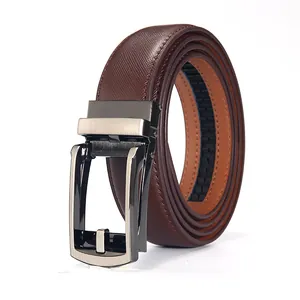 Close-up of brown textured leather business belt with brushed gunmetal automatic buckle
