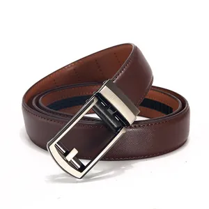 Macro shot of dark brown leather belt with textured surface and alloy automatic buckle