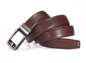 Close-up of brown Saffiano leather belt for men with silver-black automatic buckle