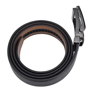Detail of men's leather business belt with cross-pattern texture and black matte buckle