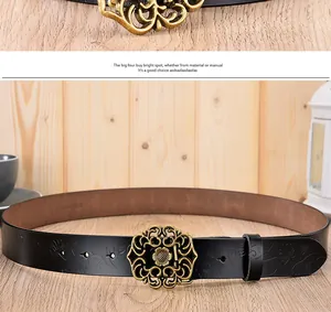 Détails de la ceinture en cuir véritable gaufré vintage avec boucle florale dorée