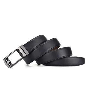 Detail of black Saffiano leather belt with dark gray metal automatic buckle closure