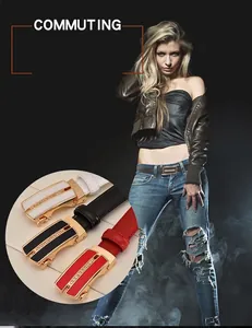 Detail of three leather belts for women with sparkling rhinestone buckles and gold finish