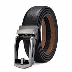 Ceinture pour homme en cuir noir avec boucle automatique en métal et texture croisée
