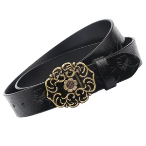 Ceinture femme en cuir noir avec gaufrage floral et boucle ajourée en or antique