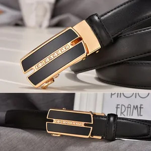 Women Genuine Leather Belt Elegant Automatic Buckle Rhinestone Decor Cowhide Waist Belt For Ladies Business Casual Dresses