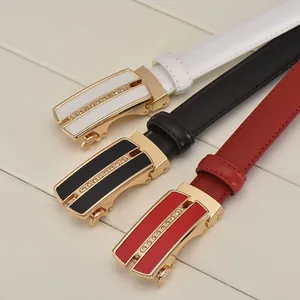 Genuine leather belts for women with rhinestone automatic buckles in black, white, and red