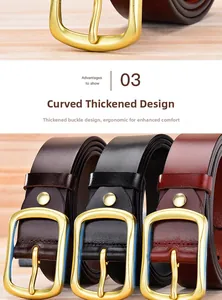 Detail of ergonomic curved brass buckle and genuine leather belt texture in three colors