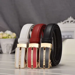 Women's leather belts with rhinestone automatic buckles in white, red and black colors