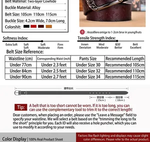 Guide des tailles de ceinture en cuir avec motif papillon, longueurs 105, 110 et 115cm