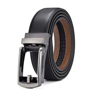 Close-up of men's gunmetal buckle and black Saffiano texture elastic braided belt