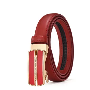 Women's red leather belt with gold automatic rhinestone buckle for business fashion